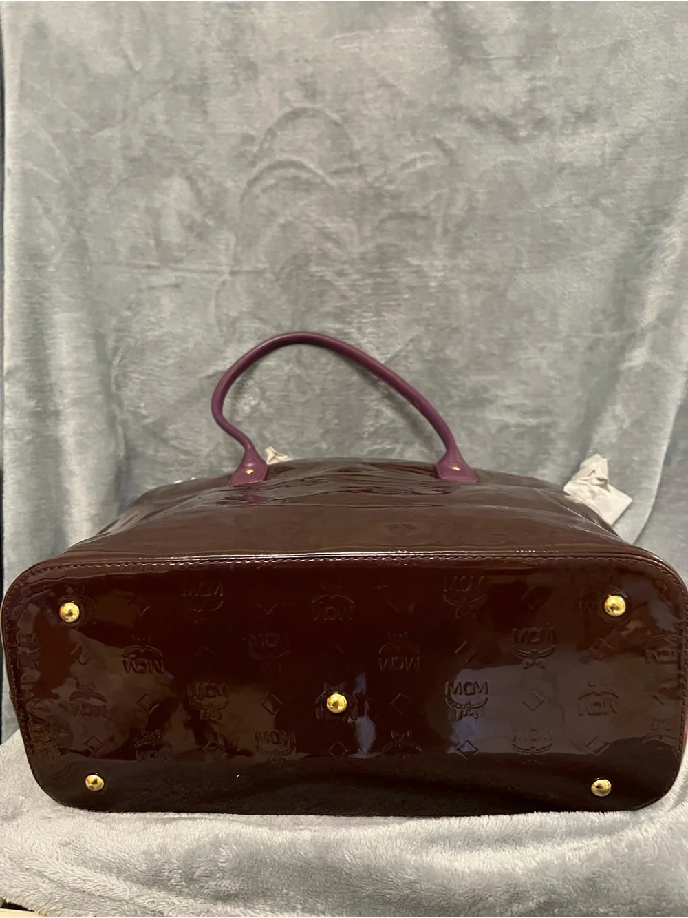 MCM Patent Tote in Dark Brown with Plum Handles